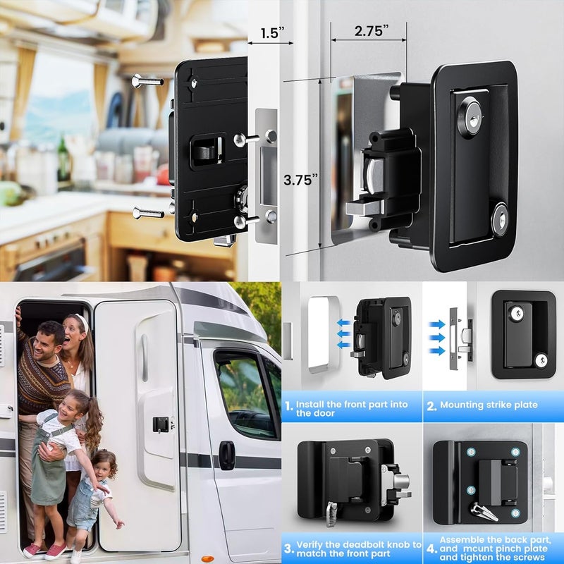 CAMJOKE RV Door Lock Replacement,RV Locks,100% Metal,RV Door Locks,Camper Door Lock,RV Door Latch with Paddle Deadbolt,Designed for 2.75" x 3.75" x 1.5" Lock Hole(4 Different Keys 2 Locks) - Image 2